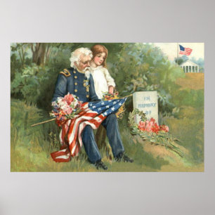 Poster Coroa da Bandeira dos EUA Cemitério Lápide Flores