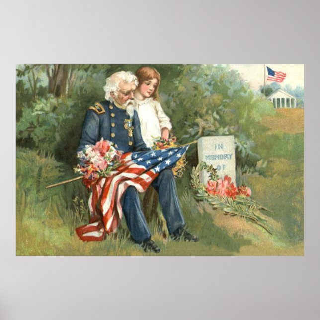 Poster Coroa da Bandeira dos EUA Cemitério Lápide Flores (Frente)
