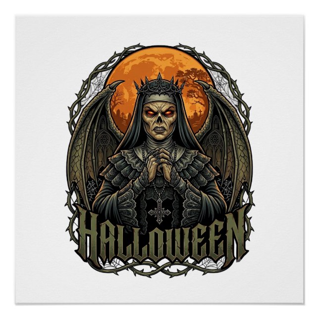 Póster Coroa de Asas de Freira Demônio de Halloween Lua L (Frente)