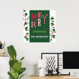 Poster Coroa de Natal Alegre em Aquarela Vermelha e Verde
