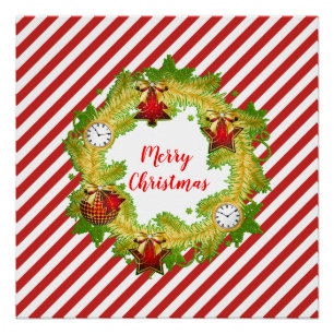 Póster Coroa de Natal Alegre Festivo Listras Vermelhas