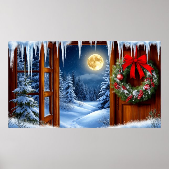 Poster Coroa de Natal 🌲 Floresta Nevada ao Luar ✨ Aconch (Frente)