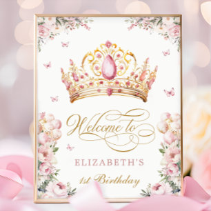 Poster Coroa de Princesa em Ouro Rosa Bem-vindo ao 1º Ani