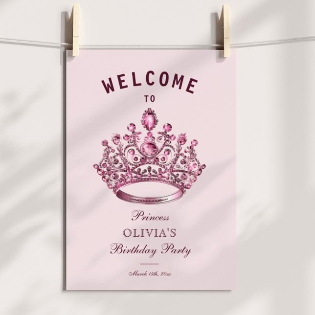 Poster Coroa de Princesa Rosa Borgonha Bem-vindo Aniversá (Criador carregado)