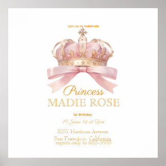 Poster Coroa de Princesa Rosa Conto de Fadas Aniversário