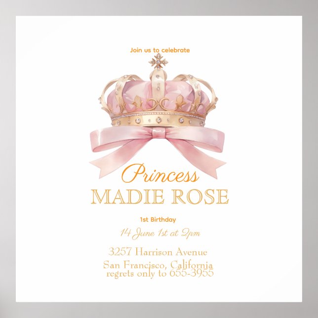 Poster Coroa de Princesa Rosa Conto de Fadas Aniversário (Frente)