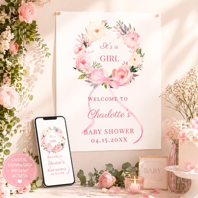 Poster Coroa floral rosa Bem-vindo ao Chá de Bebê (Criador carregado)