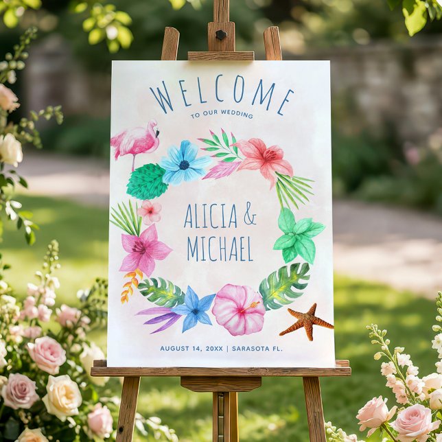 Poster Coroa tropical de casamento bem-vindo à praia (Criador carregado)