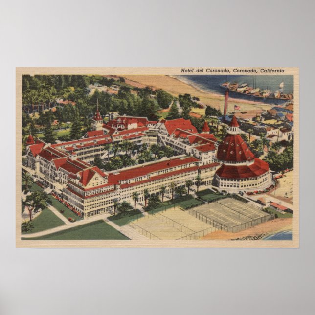 Poster Coronado, CA - Olho de Pássaro do Hotel del Corona (Frente)