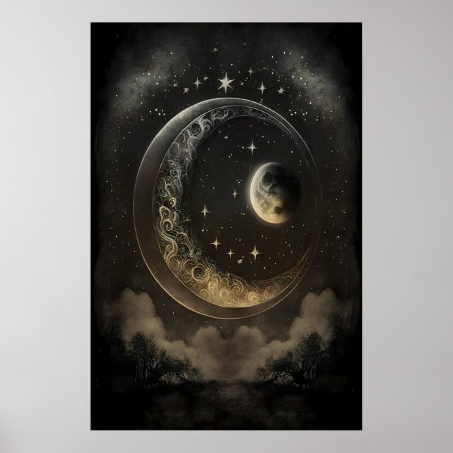 Poster Corpos Celestes Luas Dark Academia, Antigo (Frente)