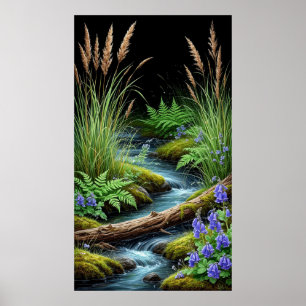 Poster 🌿 Córrego Tranquilo da Floresta com Flores Silves