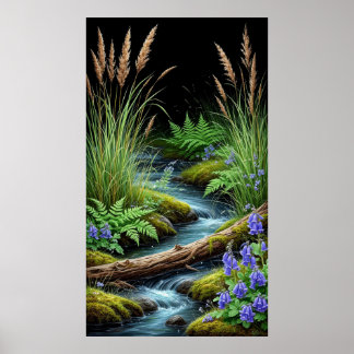 Poster 🌿 Córrego Tranquilo da Floresta com Flores Silves