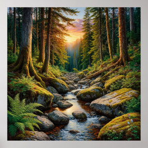 Poster Córrego Tranquilo da Floresta Durante o Pôr do Sol