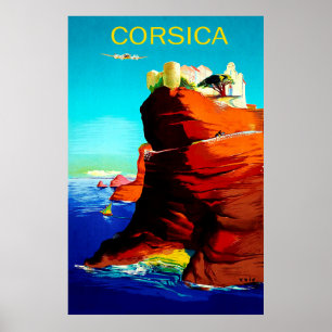 Poster Córsega, fortaleza medieval no penhasco, safra