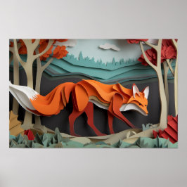 Poster Cortar raposa de papel entre árvores