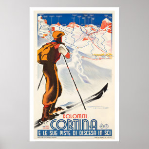 Poster Cortina Dolomites Itália Cartaz de Esqui Vintage