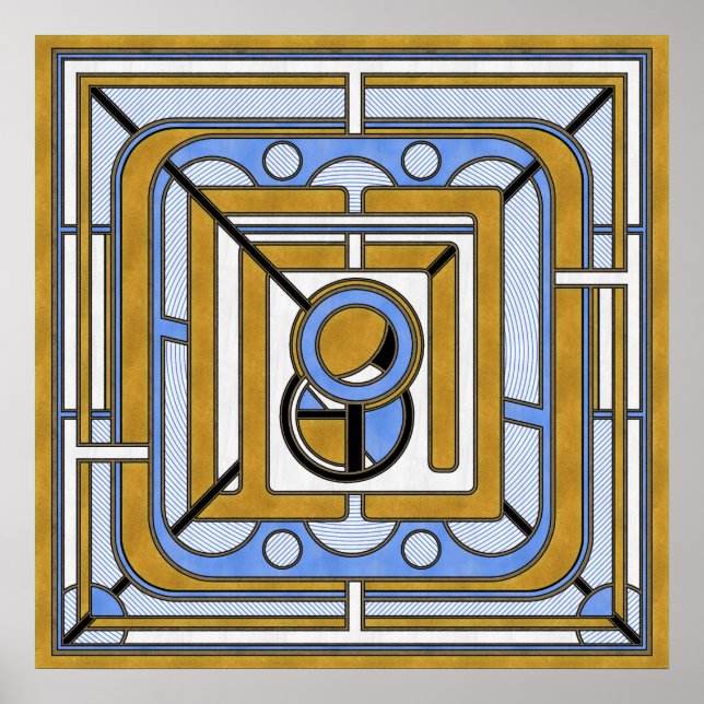 Poster Coruja - Abstrato de Deco de Arte Azul e Dourada (Frente)