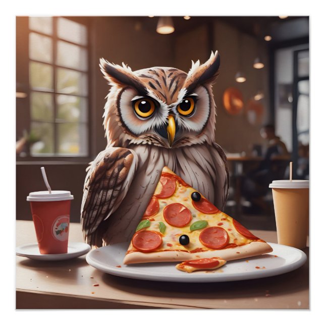 Póster Coruja Adoradora de Pizza em Café (Frente)