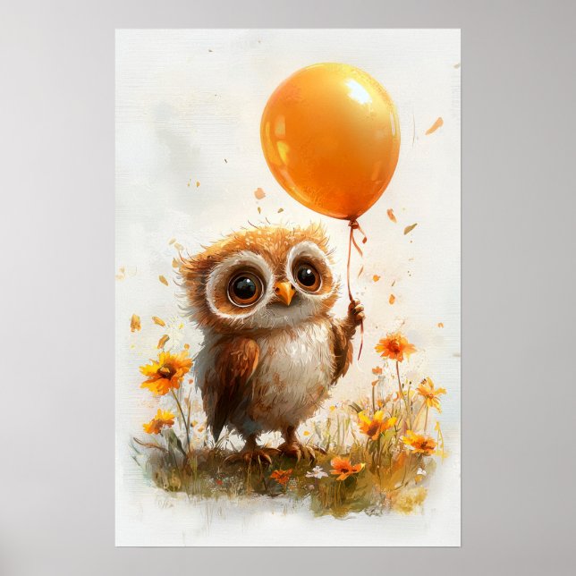 Poster Coruja Adorável com Balão Laranja - Autum Whimsica (Frente)
