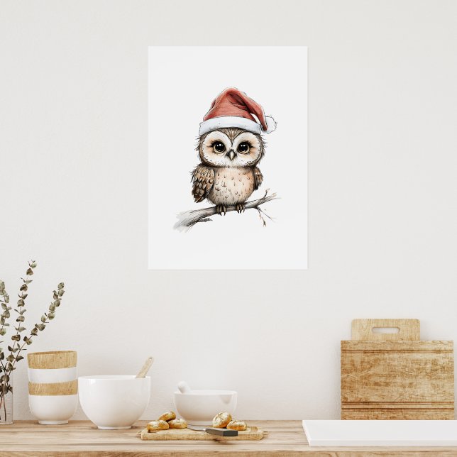 Poster Coruja Adorável em Santa Chapéu - Ilustração de Fe (Cozinha)