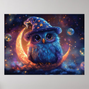 Poster Coruja Bonita na Lua: Arte de Fantasia Mágica