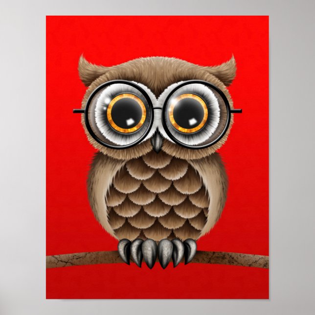 Póster Coruja Castanho Bonita Fluffy com Óculos de Leitur (Frente)