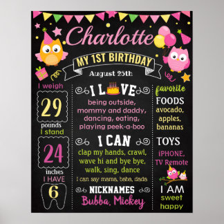 Poster Coruja cor-de-rosa Sinal do primeiro aniversário