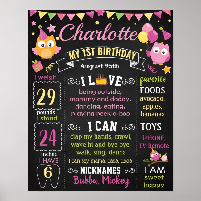 Poster Coruja cor-de-rosa Sinal do primeiro aniversário (Frente)