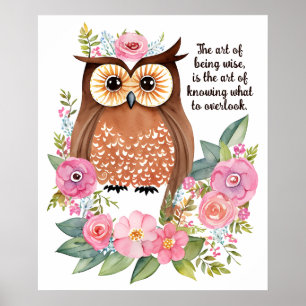 Poster Coruja de Aquarela em Jardim com Flores Bonito