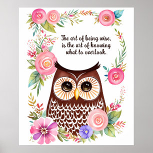 Poster Coruja de Aquarela em Jardim com Flores Bonito