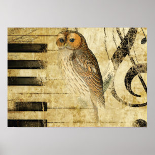 Poster Coruja do ~ do pergaminho do vintage no piano