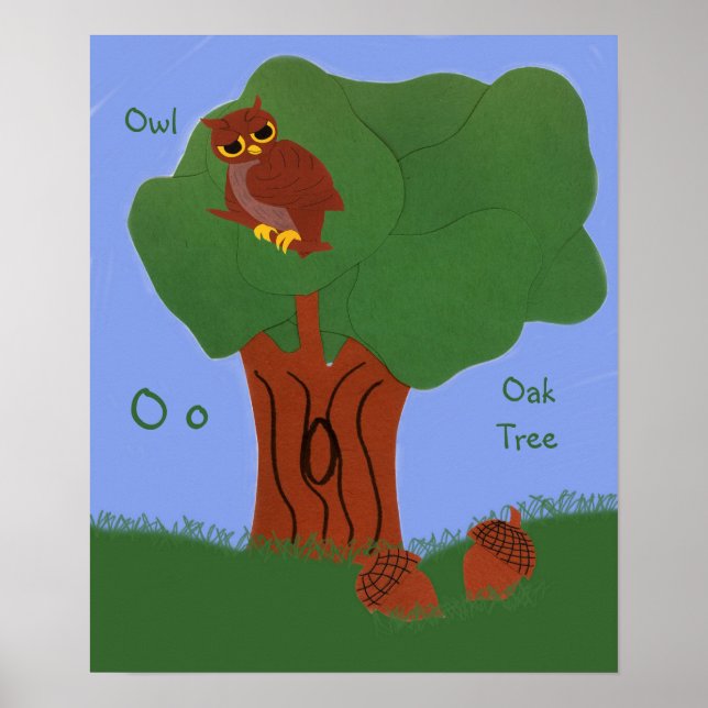 Poster Coruja e uma Arte de Cartoon Whimsical de Oak Tree (Frente)