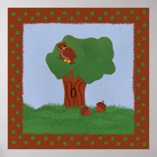 Póster Coruja e uma Arte de Cartoon Whimsical de Oak Tree