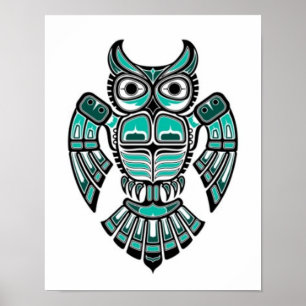 Poster Coruja-Espírito Azul-Teal e Negro-Haida