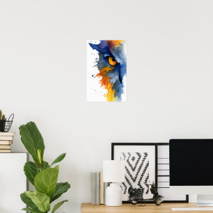 Poster Coruja feroz em aquarela em azul e laranja
