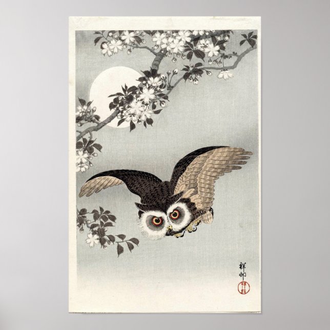 Póster Coruja, Flores de Cerejeira e Lua por Ohara Koson (Frente)