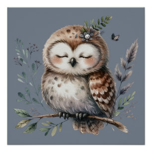 Póster Coruja Fofo em Aquarela com Estilo Florestal Flori