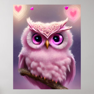 Poster Coruja Rosa Fluffy com Corações