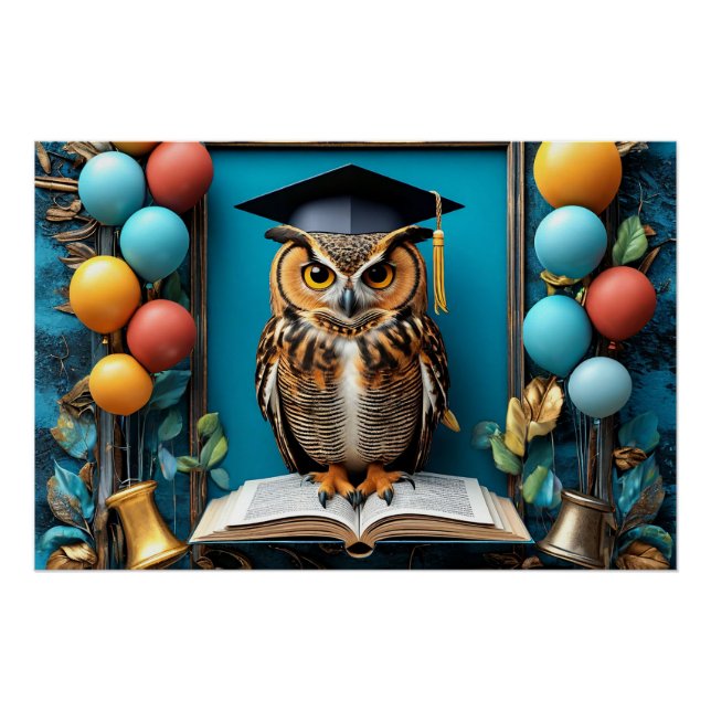 Póster Coruja Sábia com Gorro de Formatura Posando com Li (Frente)