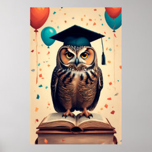 Poster Coruja Sábia Usando Chapéu de Formatura Empoleirad