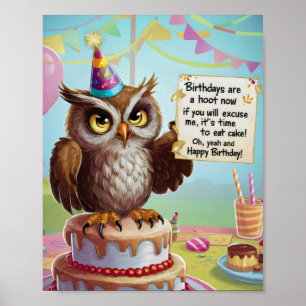 Poster Coruja vestindo chapéu de aniversário em pé no bol