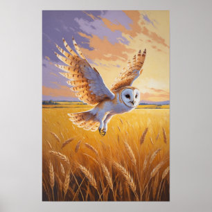 Poster Coruja Voadora Sobre Campo Dourado Arte Fauna Pôr