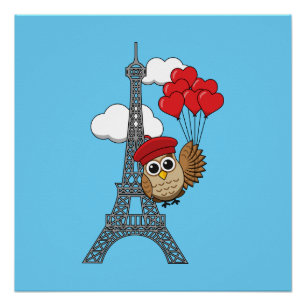 Póster Coruja voando com balões cardíacos em Paris