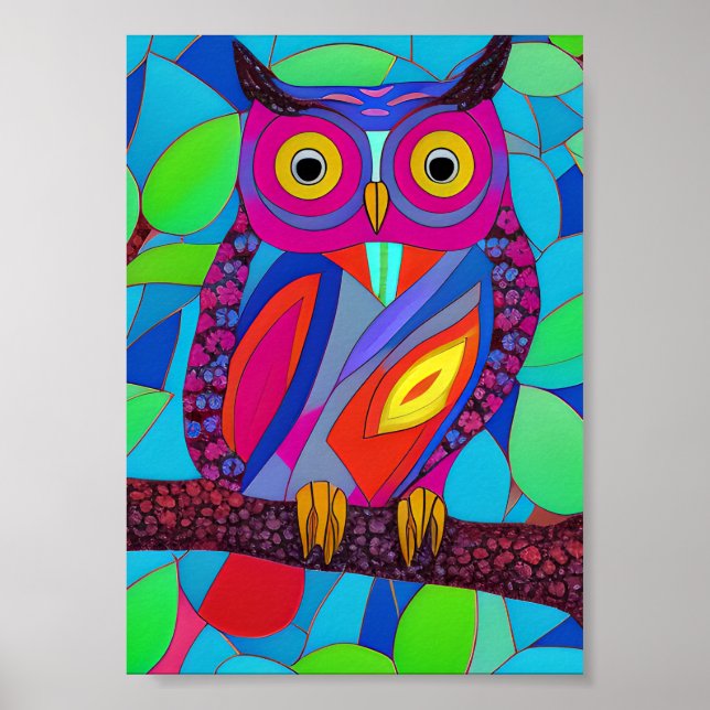 Poster Coruja Whimsical com Penas Coloridas (Frente)