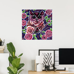 Poster Coruja Whimsical na ramificação Flor Azul Rosa