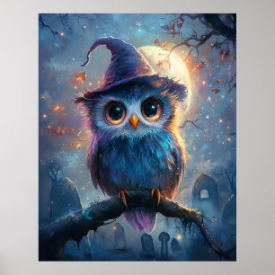 Poster Coruja Whimsical no Chapéu das Bruxas com Lua Chei
