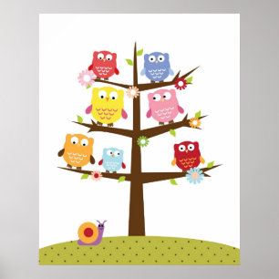 Poster Corujas bonitos na ilustração da árvore