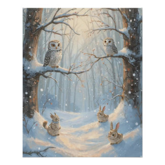 Póster Corujas, Coelhos e Floresta na Neve Poster