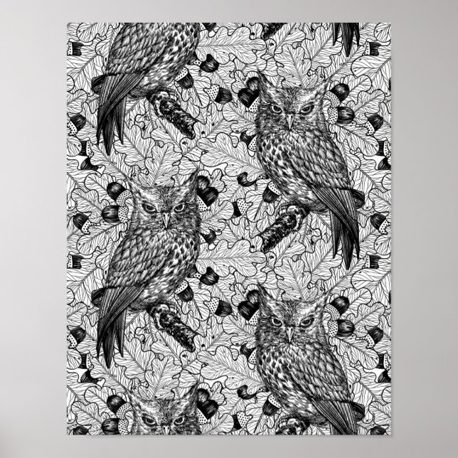 Poster Corujas de carvalho, preto e branco (Frente)