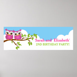 Póster Corujas de Gêmeos Bonitos no Banner de Aniversário